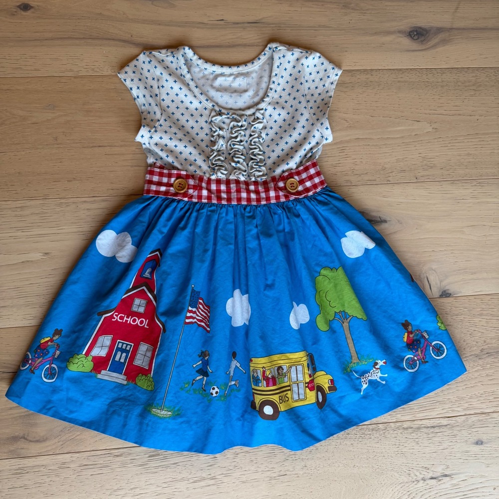 Eleanor Rose Lyla Dress Back to School Bus Schoolhouse Gingham Bow Blue Red 3-4